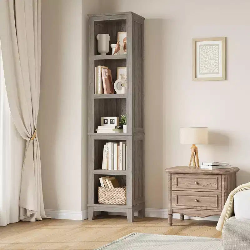 Narrow 5-Tier Bookcase, 71.3 Tall Farmhouse Bookshelf with Vintage Design, Slim Wooden Storage Shelf for Living Room, Home Office, and Bedroom