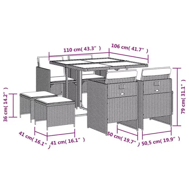 Conjunto de comedor para patio vidaXL para 8 personas, mesa y sillas plegables de ratán de PE gris para exteriores