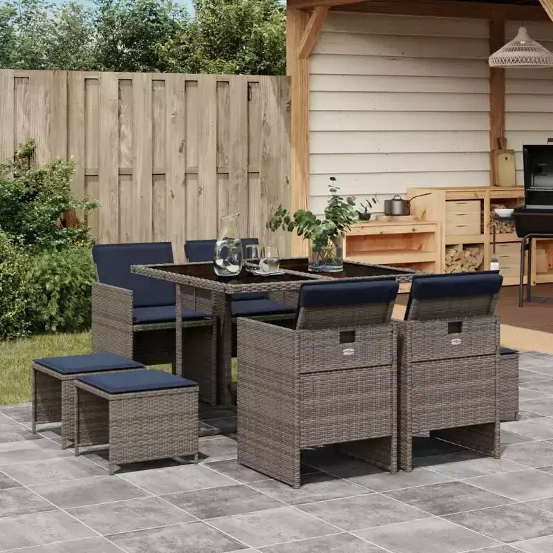 Conjunto de comedor para patio vidaXL para 8 personas, mesa y sillas plegables de ratán de PE gris para exteriores