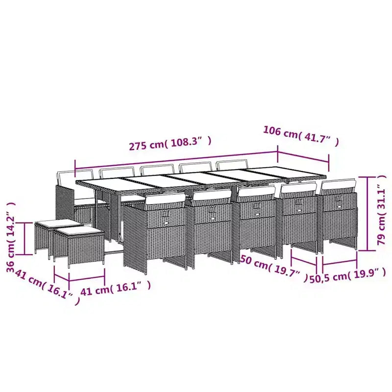 vidaXL Ensemble repas de terrasse, ensemble de 14 pièces en rotin PE gris et noir, 15 pièces