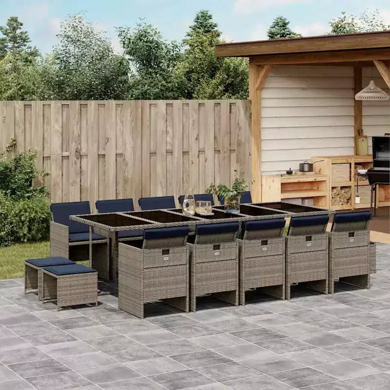vidaXL Ensemble repas de terrasse, ensemble de 14 pièces en rotin PE gris et noir, 15 pièces