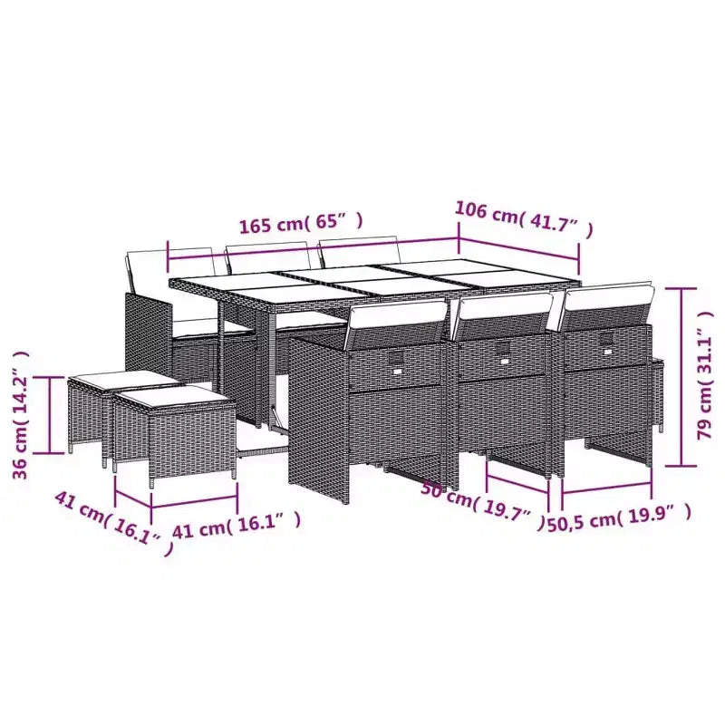 vidaXL Conjunto de comedor para patio con cojines - mesa y sillas de jardín de poliratán gris de 11 piezas, almacenamiento compacto, tablero de vidrio templado