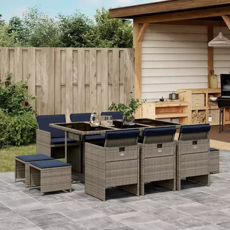 vidaXL Conjunto de comedor para patio con cojines - mesa y sillas de jardín de poliratán gris de 11 piezas, almacenamiento compacto, tablero de vidrio templado