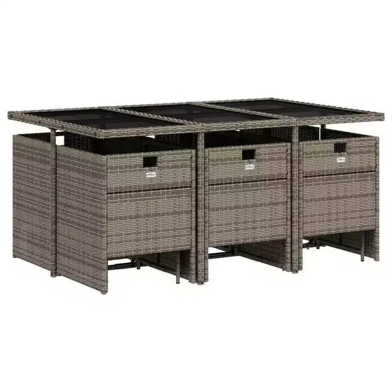 vidaXL Conjunto de comedor para patio con cojines - mesa y sillas de jardín de poliratán gris de 11 piezas, almacenamiento compacto, tablero de vidrio templado