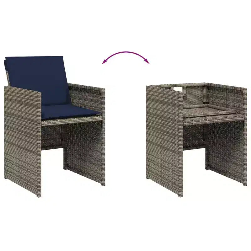 vidaXL Conjunto de comedor para patio con cojines - mesa y sillas de jardín de poliratán gris de 11 piezas, almacenamiento compacto, tablero de vidrio templado