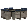 vidaXL Patio Dining Set, 8-Piece Outdoor Gray Rattan Dining Table and Navy Blue Cushioned Chairs