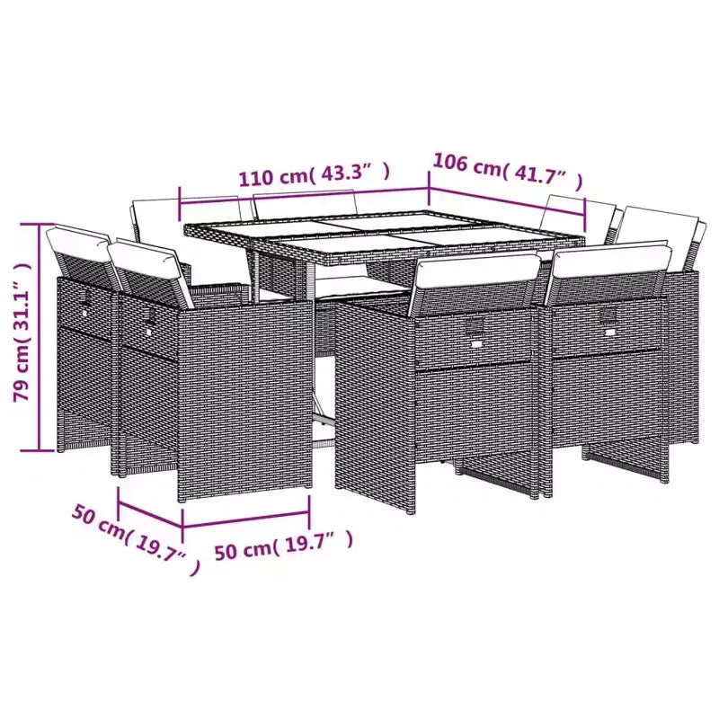 Conjunto de comedor para patio vidaXL de 8 piezas, mesa de comedor exterior de ratán gris y sillas con cojines azul marino