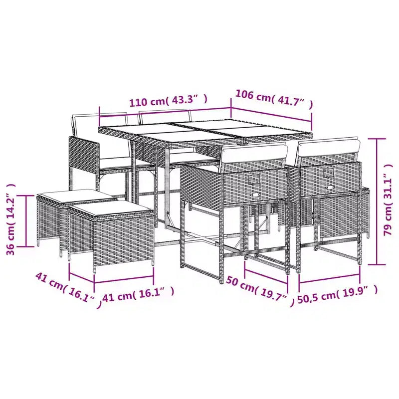 Conjunto de comedor para patio vidaXL, lote de 8 piezas, gris