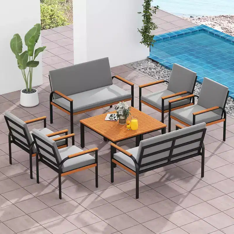 Conjunto de muebles de patio Costway de 8 piezas con mesa de centro, sofá de dos plazas y 4 sillas individuales para porche, negro/gris