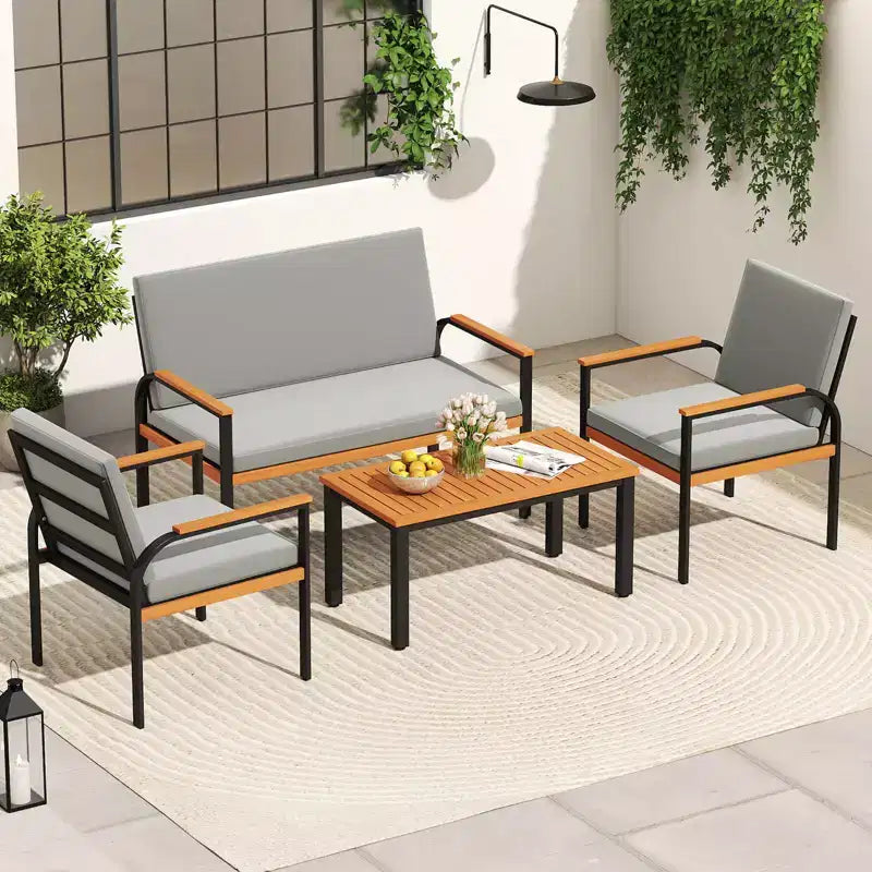 Conjunto de muebles de patio Costway de 8 piezas con mesa de centro, sofá de dos plazas y 4 sillas individuales para porche, negro/gris