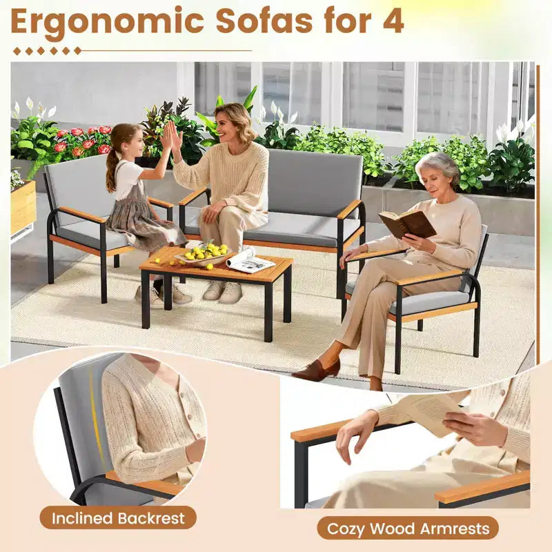 Conjunto de muebles de patio Costway de 8 piezas con mesa de centro, sofá de dos plazas y 4 sillas individuales para porche, negro/gris