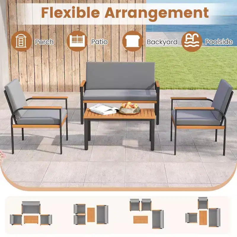 Conjunto de muebles de patio Costway de 8 piezas con mesa de centro, sofá de dos plazas y 4 sillas individuales para porche, negro/gris