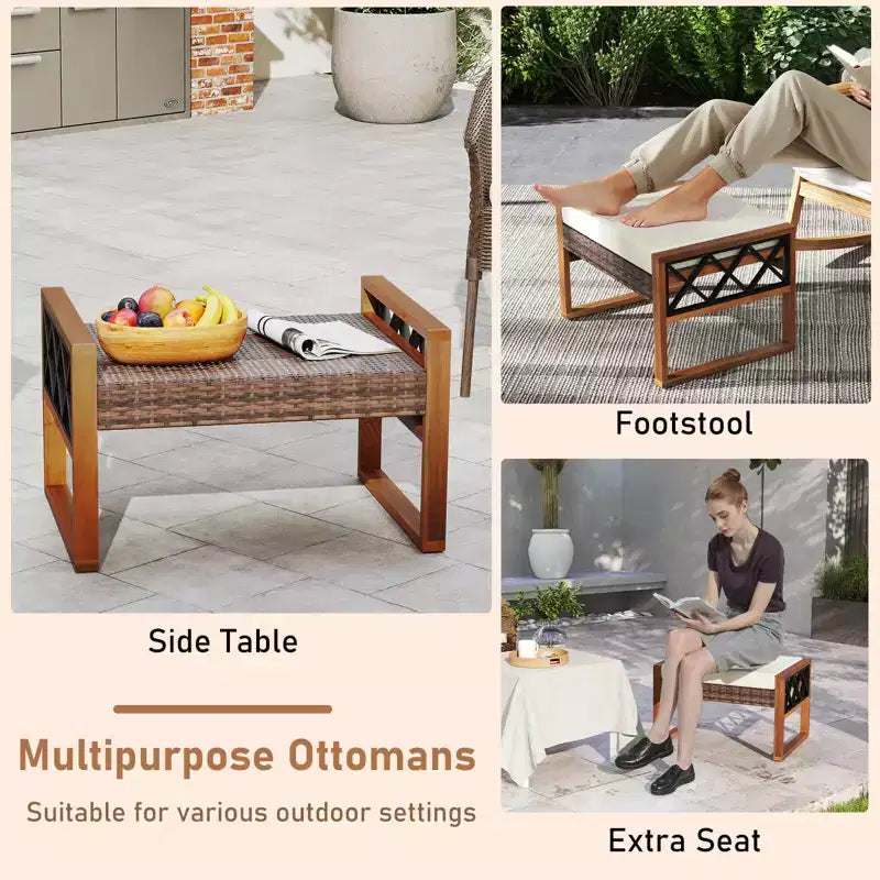 Conjunto de muebles de mimbre de PE para patio Costway de 7 piezas, con otomanas, cojines, mesas, silla y sofá