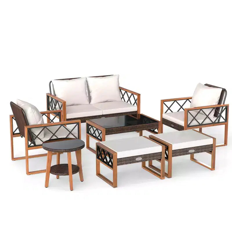 Conjunto de muebles de mimbre de PE para patio Costway de 7 piezas, con otomanas, cojines, mesas, silla y sofá