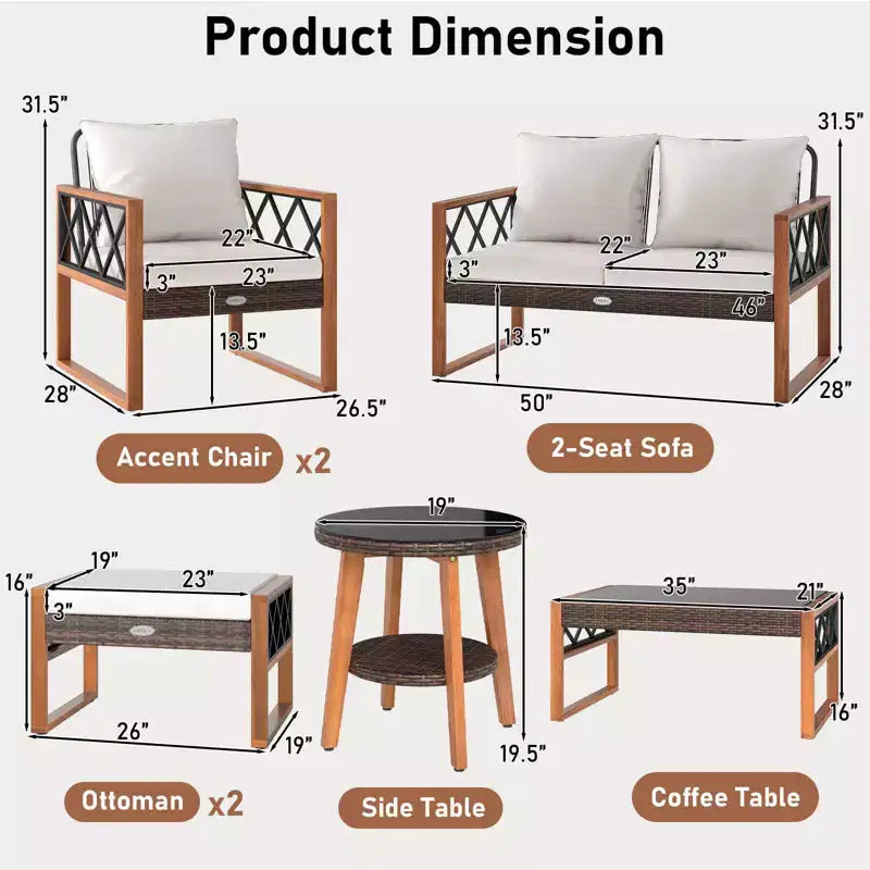 Conjunto de muebles de mimbre de PE para patio Costway de 7 piezas, con otomanas, cojines, mesas, silla y sofá