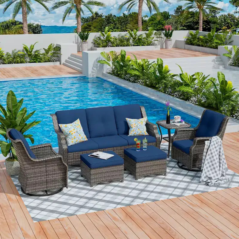 UPTIOT Conjunto de muebles de mimbre para patio exterior de 6 piezas, conjunto de sillas de ratán