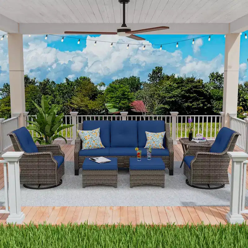 UPTIOT Conjunto de muebles de mimbre para patio exterior de 6 piezas, conjunto de sillas de ratán