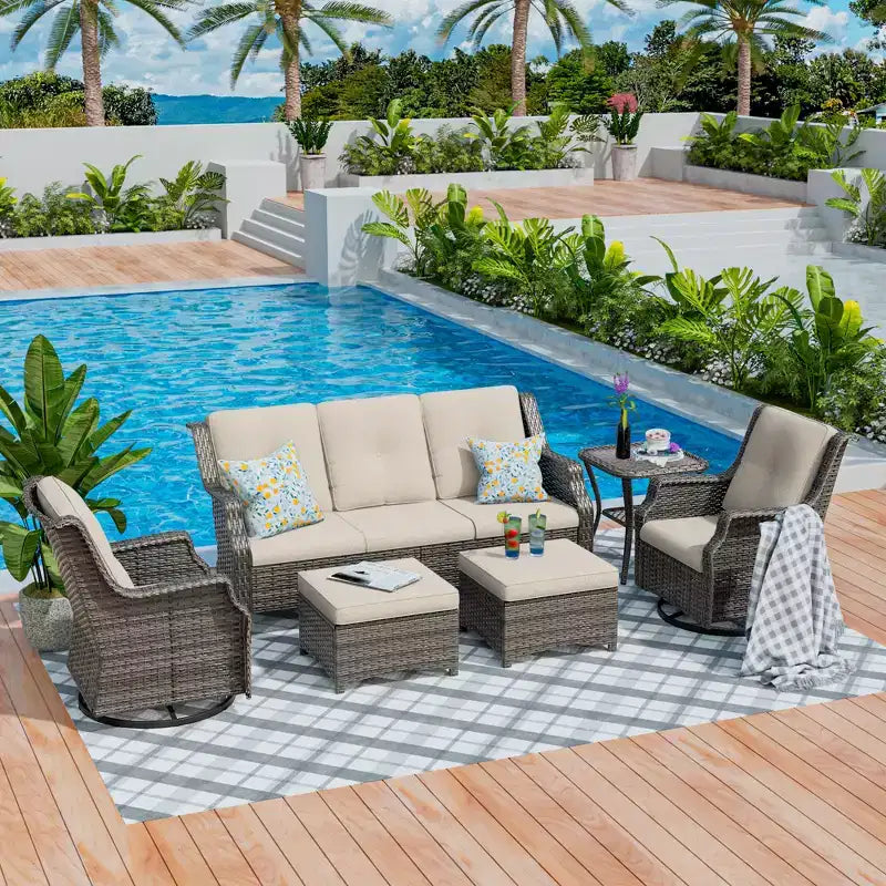 UPTIOT Conjunto de muebles de mimbre para patio exterior de 6 piezas, conjunto de sillas de ratán