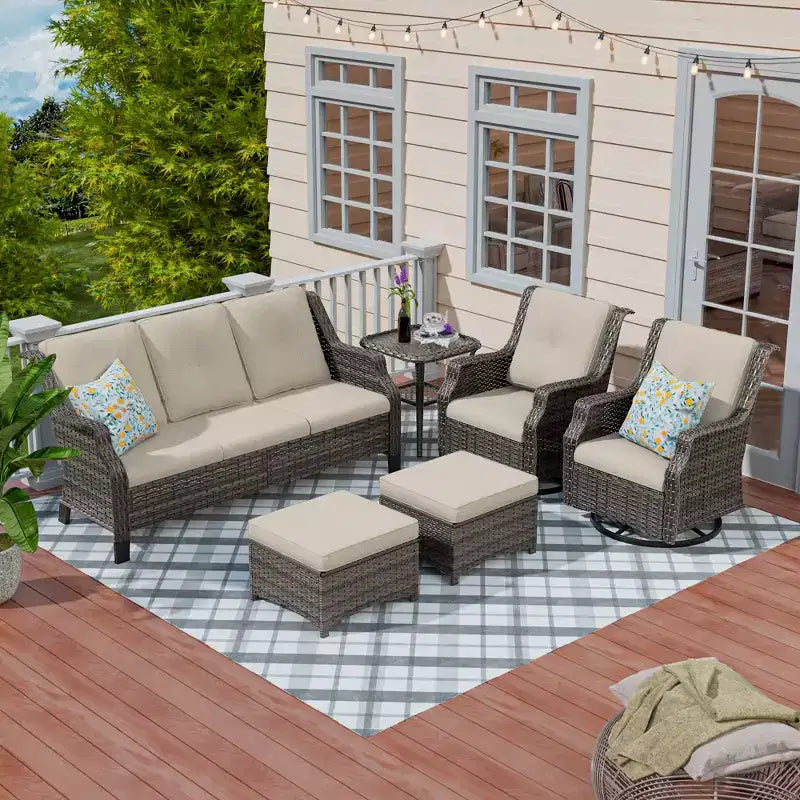 UPTIOT Conjunto de muebles de mimbre para patio exterior de 6 piezas, conjunto de sillas de ratán