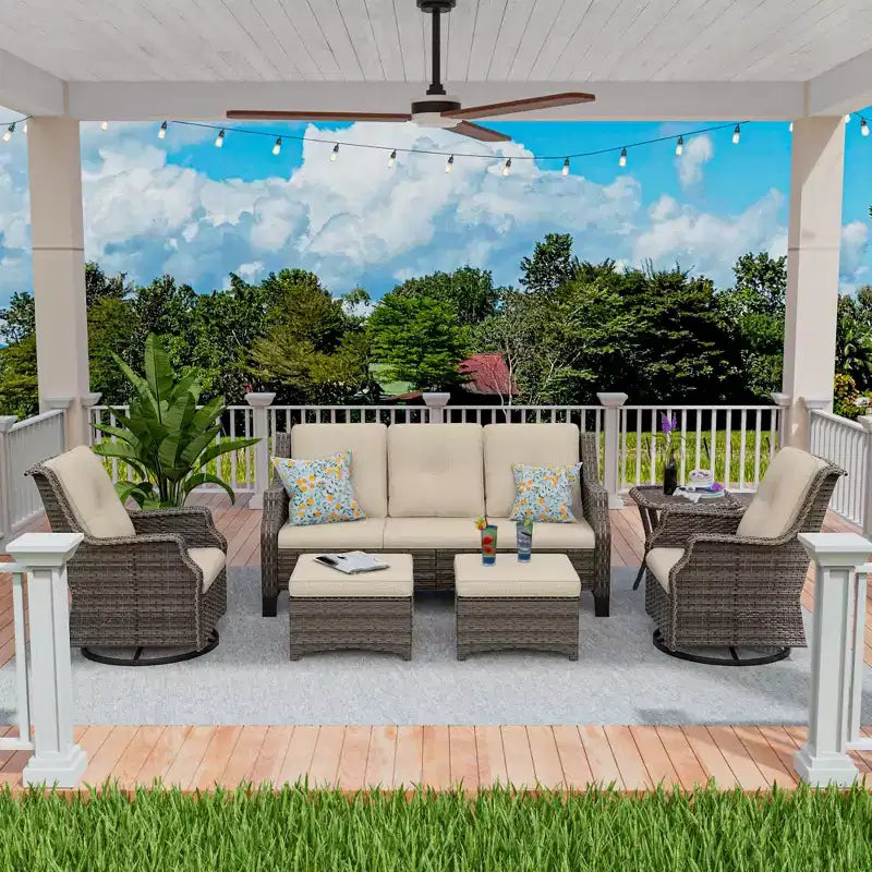 UPTIOT Conjunto de muebles de mimbre para patio exterior de 6 piezas, conjunto de sillas de ratán