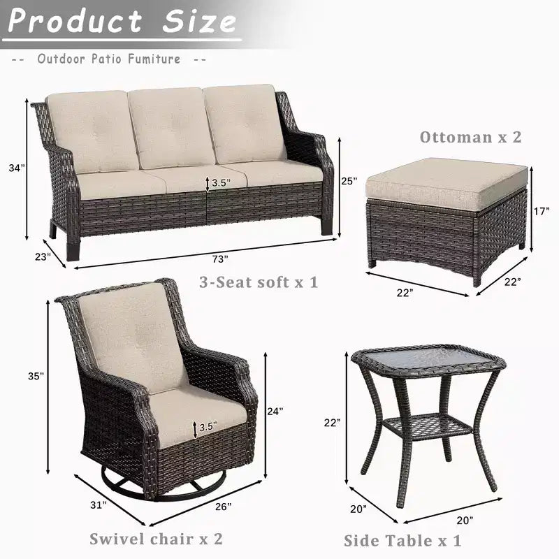 UPTIOT Conjunto de muebles de mimbre para patio exterior de 6 piezas, conjunto de sillas de ratán