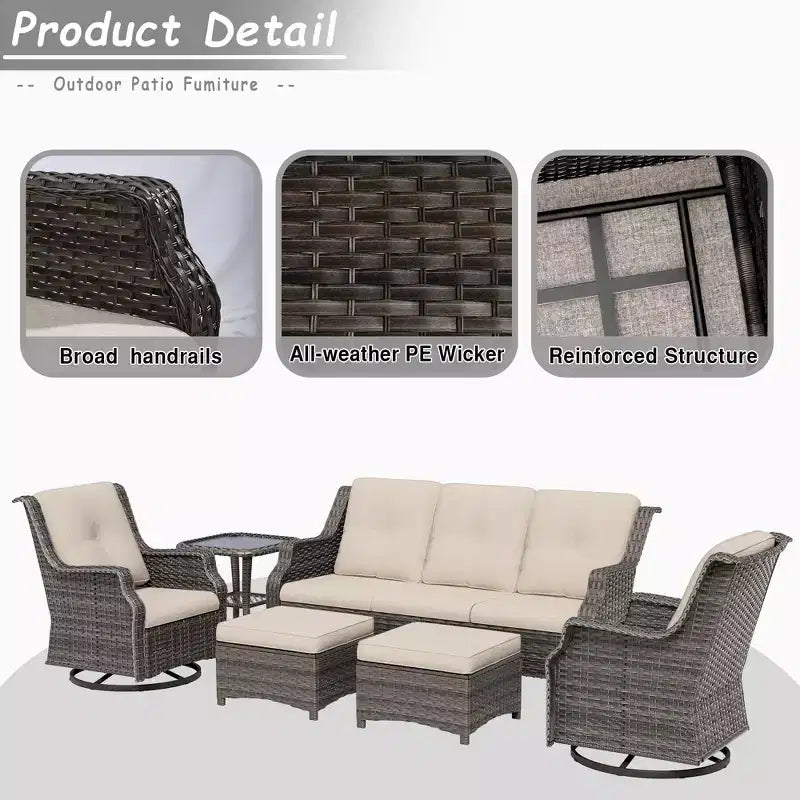 UPTIOT Conjunto de muebles de mimbre para patio exterior de 6 piezas, conjunto de sillas de ratán