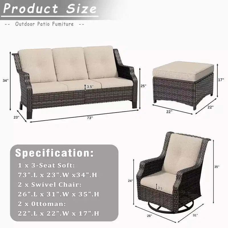 Ensemble de mobilier de terrasse extérieur en rotin tressé UPTIOT 5 pièces