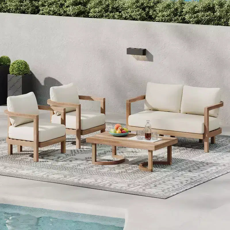 Conjunto de conversación para exterior Christopher Knight Home Aston, de madera de acacia, para 4 personas, con cojines