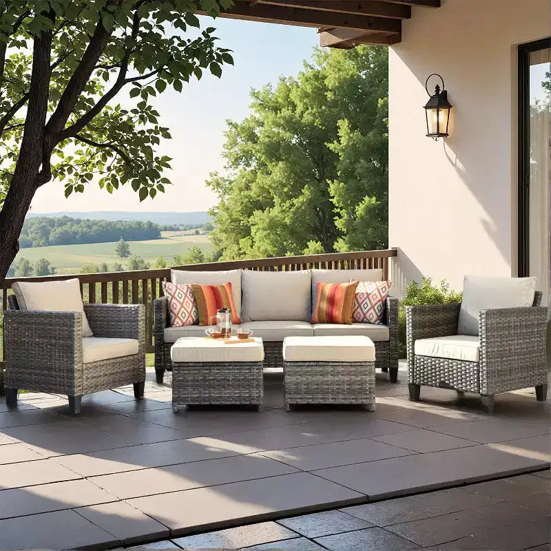 Conjunto de sofá modular seccional para exteriores HOMLUX, conjunto de sofá de mimbre modular para exteriores de 5 piezas con otomanas, diseño para todo tipo de clima