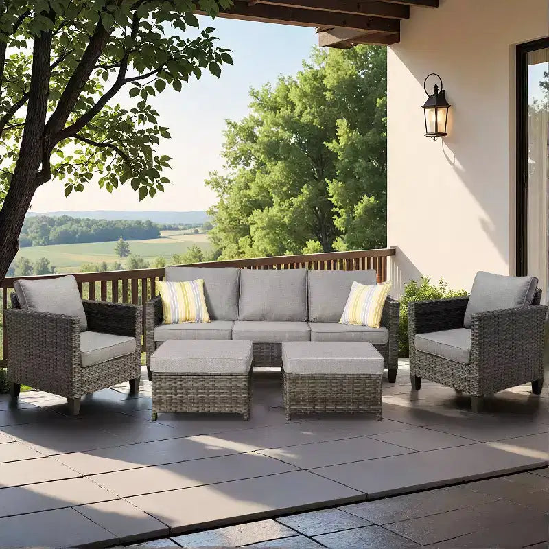 Conjunto de sofá modular seccional para exteriores HOMLUX, conjunto de sofá de mimbre modular para exteriores de 5 piezas con otomanas, diseño para todo tipo de clima
