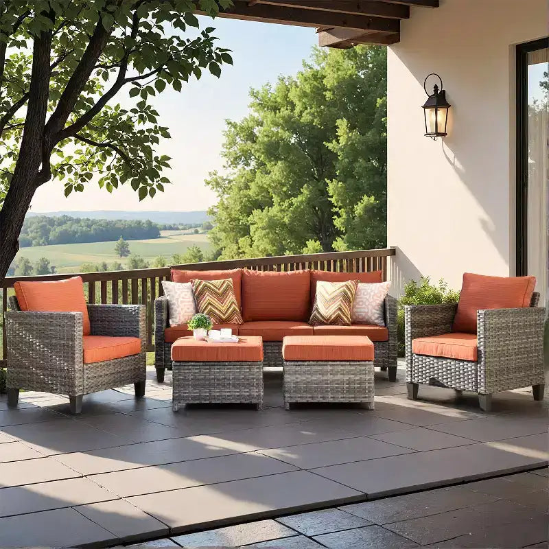 Conjunto de sofá modular seccional para exteriores HOMLUX, conjunto de sofá de mimbre modular para exteriores de 5 piezas con otomanas, diseño para todo tipo de clima