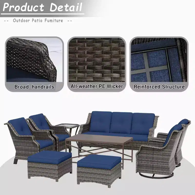 UPTIOT conjunto de conversación para patio exterior de acero y mimbre de 9 piezas