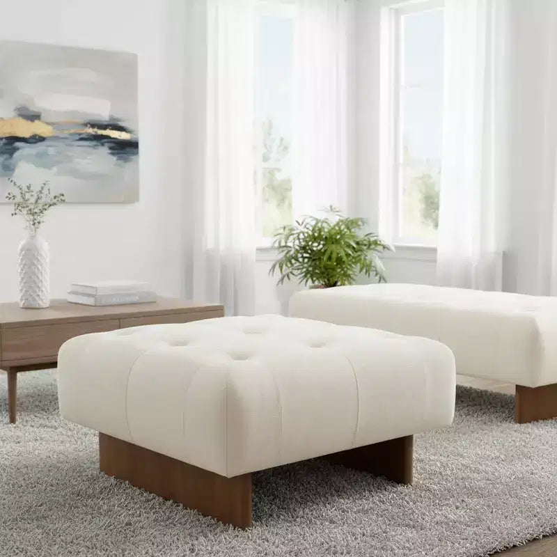 Homy Casa Square Upholstered Tufted Linen Ottoman, Solid Wood Legs, Beige