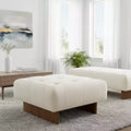 Homy Casa Square Upholstered Tufted Linen Ottoman, Solid Wood Legs, Beige