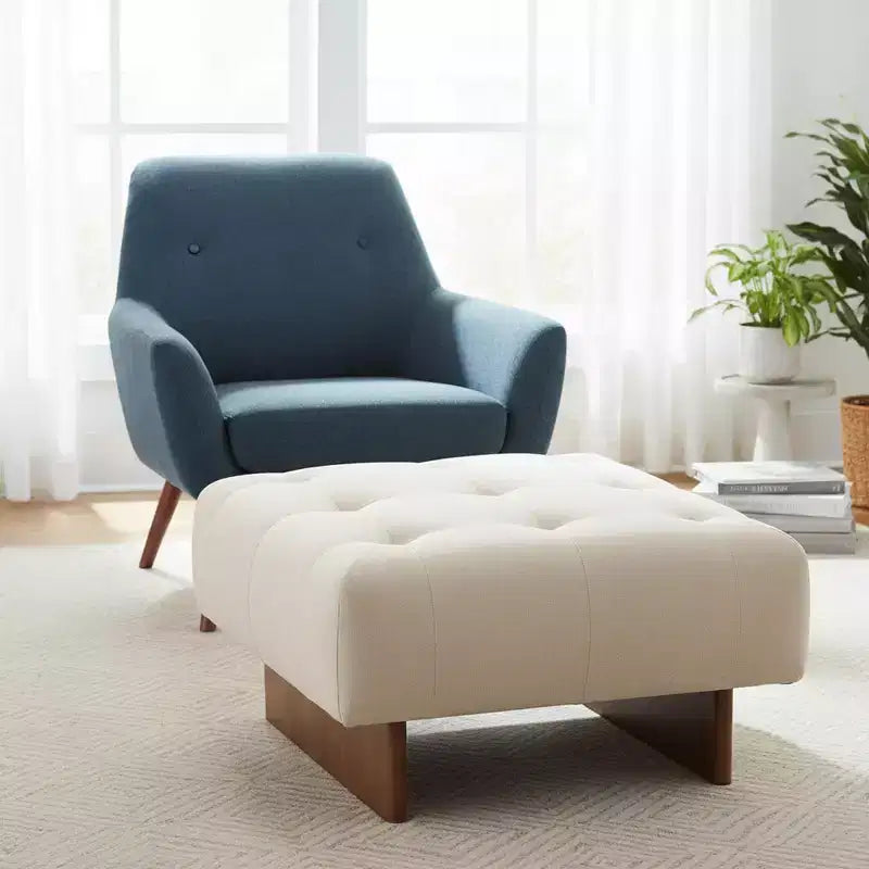 Square Upholstered Tufted Linen Ottoman with Solid Wood Legs, Beige