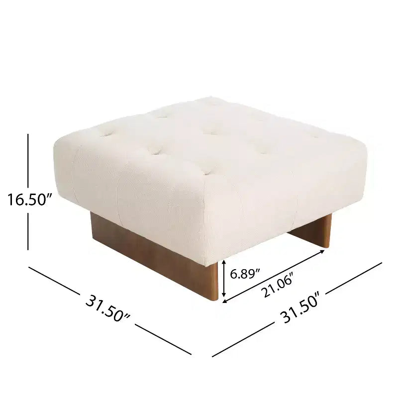 Square Upholstered Tufted Linen Ottoman with Solid Wood Legs, Beige