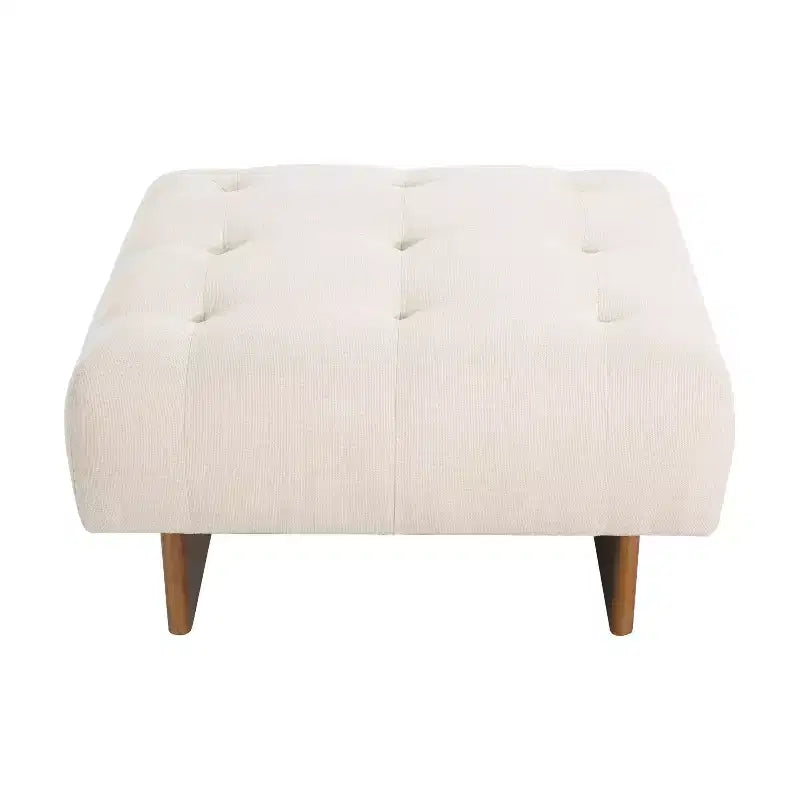 Square Upholstered Tufted Linen Ottoman with Solid Wood Legs, Beige