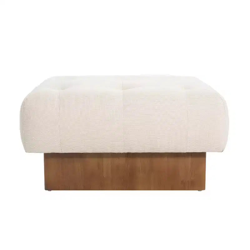 Square Upholstered Tufted Linen Ottoman with Solid Wood Legs, Beige