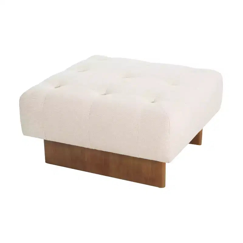 Square Upholstered Tufted Linen Ottoman with Solid Wood Legs, Beige
