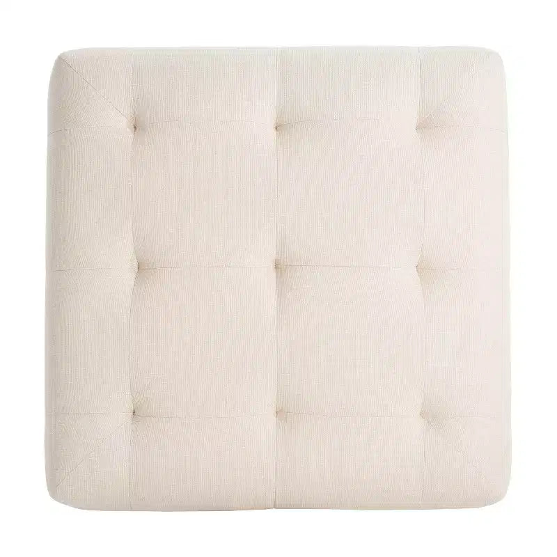 Square Upholstered Tufted Linen Ottoman with Solid Wood Legs, Beige