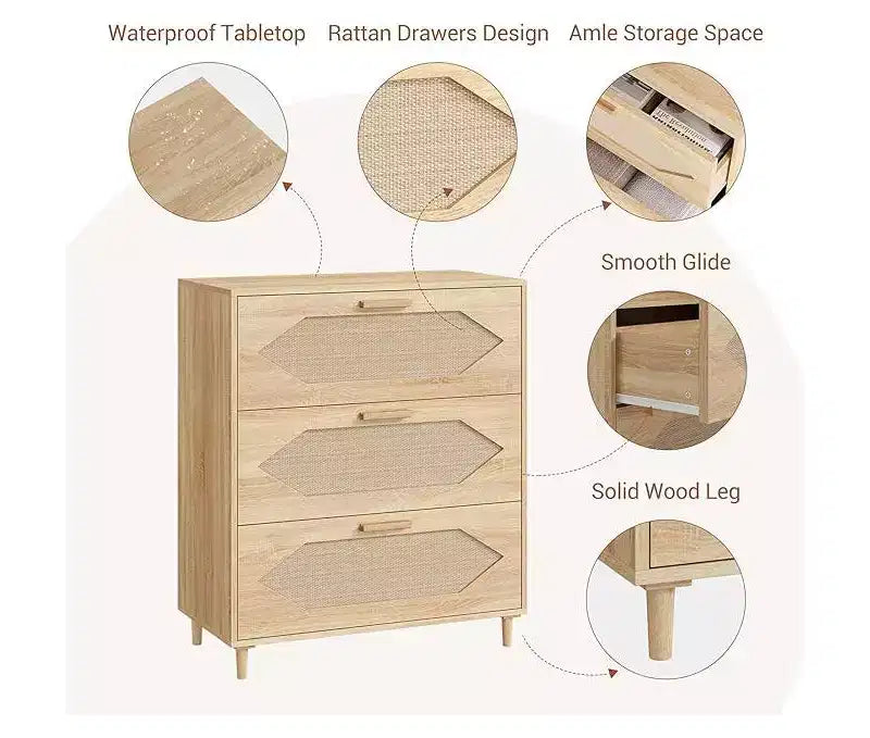 3 Drawer Rattan Dresser for Bedroom,Wood Chest of Drawers, Wooden Storage Cabinets for Bedrooms, Hallways, Living Rooms, and Entryways
