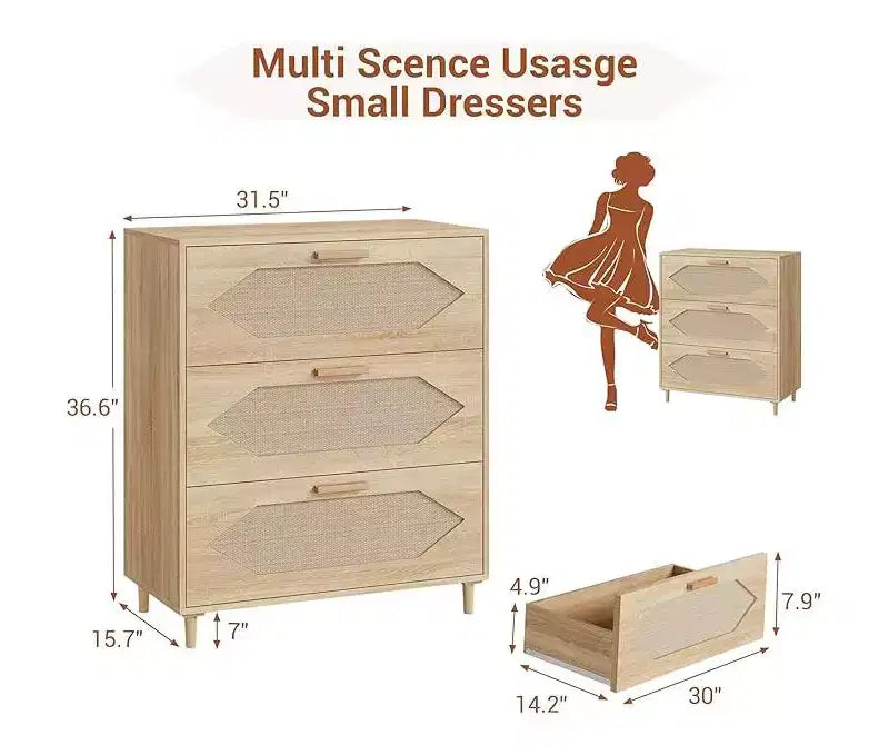 3 Drawer Rattan Dresser for Bedroom,Wood Chest of Drawers, Wooden Storage Cabinets for Bedrooms, Hallways, Living Rooms, and Entryways