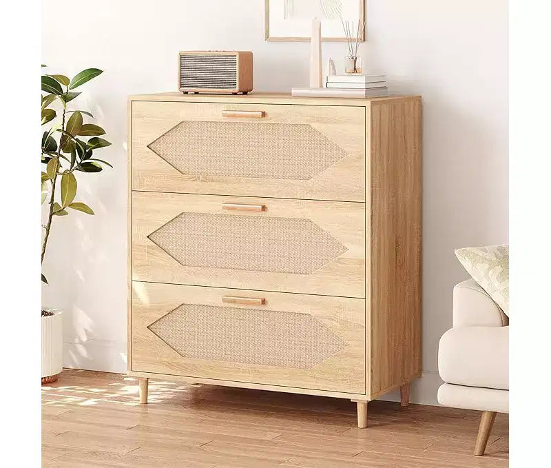 3 Drawer Rattan Dresser for Bedroom,Wood Chest of Drawers, Wooden Storage Cabinets for Bedrooms, Hallways, Living Rooms, and Entryways