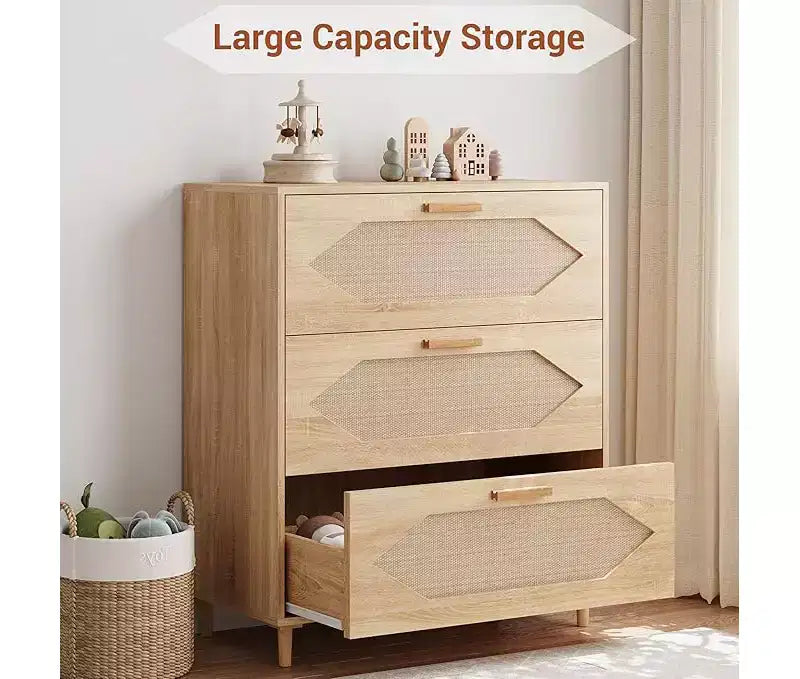 3 Drawer Rattan Dresser for Bedroom,Wood Chest of Drawers, Wooden Storage Cabinets for Bedrooms, Hallways, Living Rooms, and Entryways