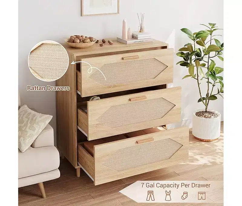 3 Drawer Rattan Dresser for Bedroom,Wood Chest of Drawers, Wooden Storage Cabinets for Bedrooms, Hallways, Living Rooms, and Entryways
