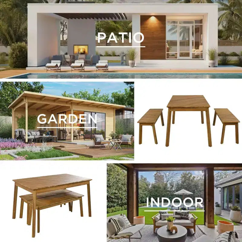 Conjunto de comedor de 3 piezas de madera de acacia JVNOXK con 2 bancos, mesa de picnic para patio y jardín, natural