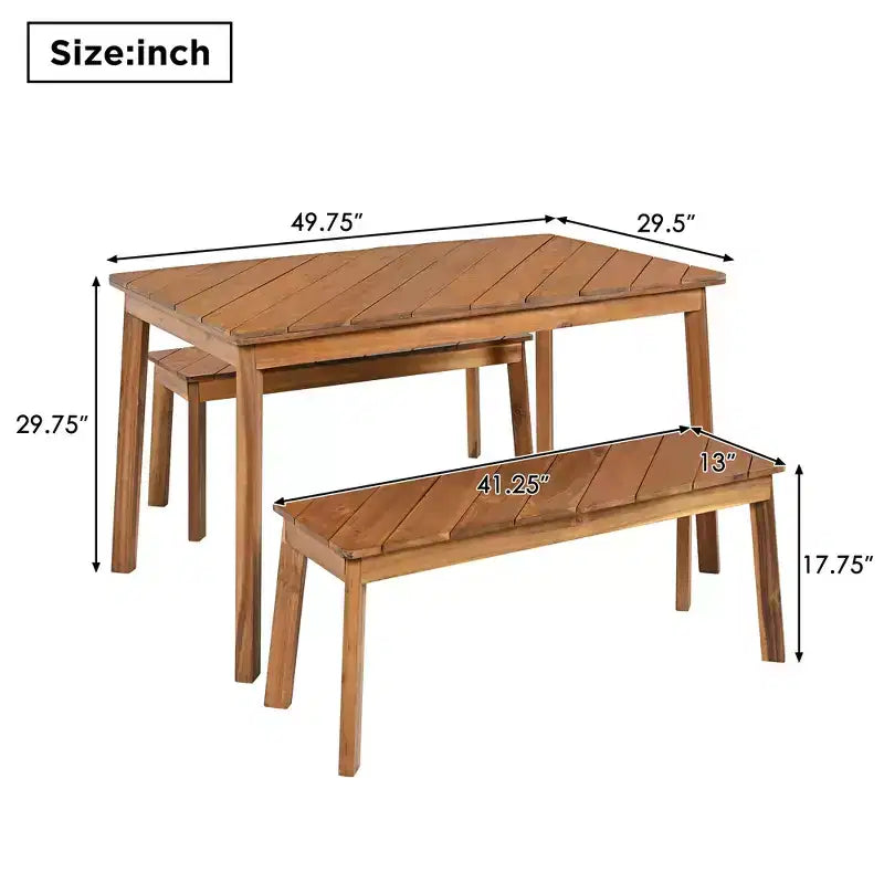 Conjunto de comedor de 3 piezas de madera de acacia JVNOXK con 2 bancos, mesa de picnic para patio y jardín, natural