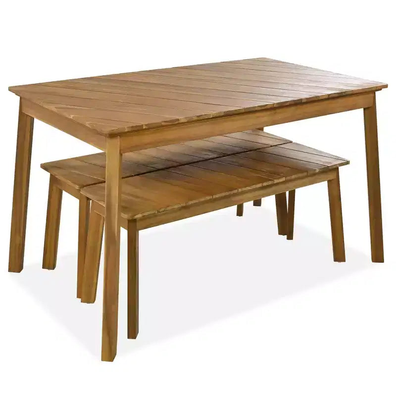 Conjunto de comedor de 3 piezas de madera de acacia JVNOXK con 2 bancos, mesa de picnic para patio y jardín, natural