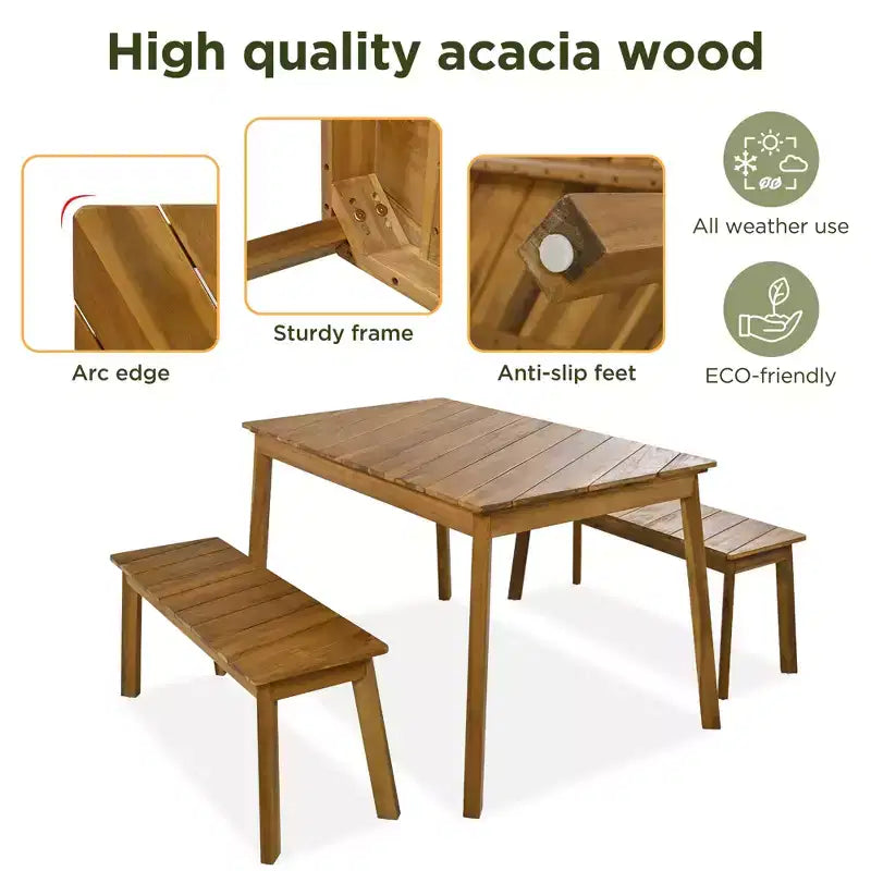 Conjunto de comedor de 3 piezas de madera de acacia JVNOXK con 2 bancos, mesa de picnic para patio y jardín, natural