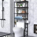 4 - Tier Over - Toilet Storage Rack Bathroom Organizer Shelf with Waterproof Feet Pad and Basket Black Multifunctional Space Saver